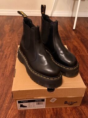 Dr. Martens Black Leather Platform Chelsea Boots with Yellow Stitching